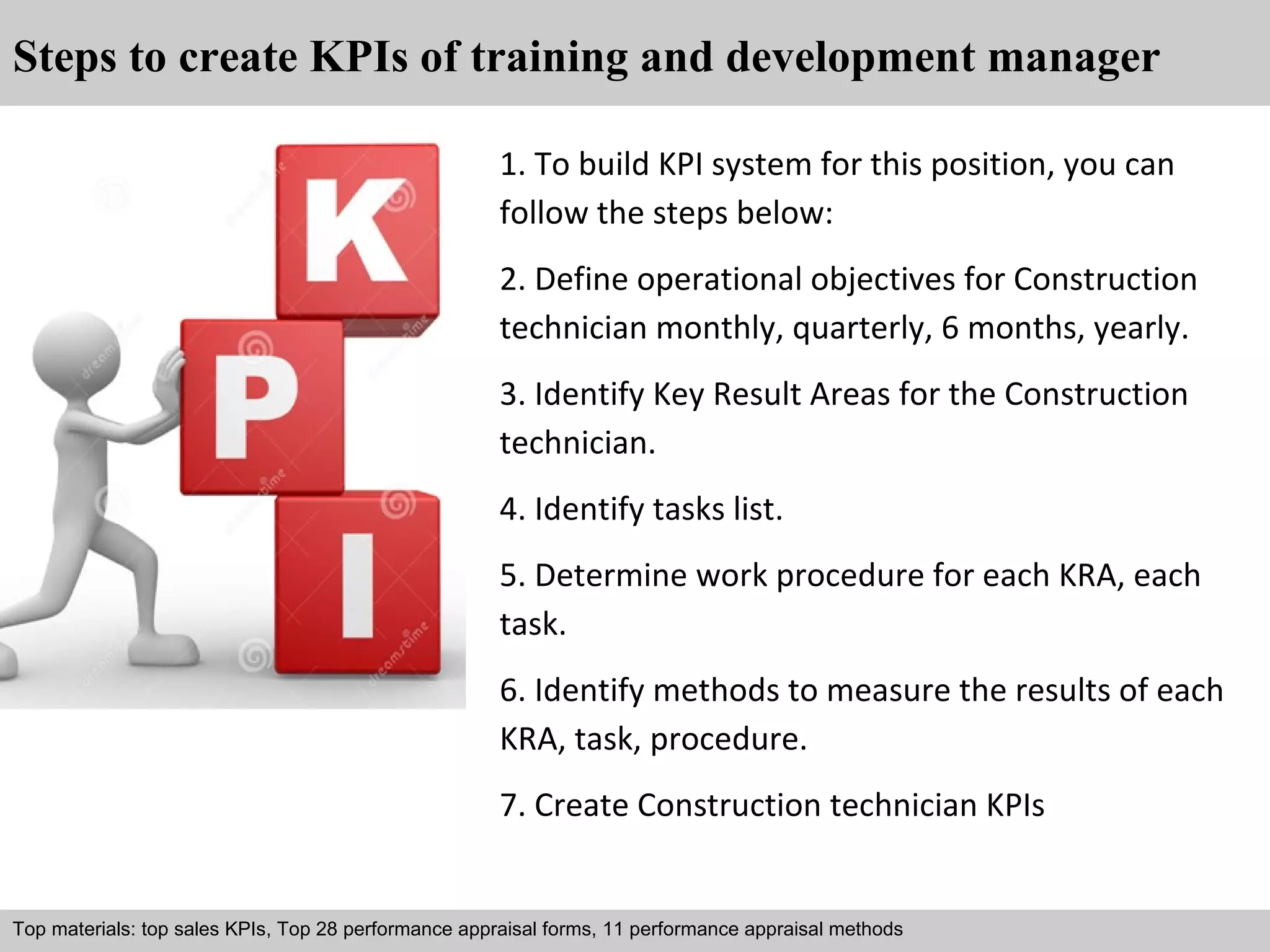 Steps to create KPIs of training and development manager 
1. To build KPI system for this position, you can 
follow the steps below: 
2. Define operational objectives for Construction 
technician monthly, quarterly, 6 months, yearly. 
3. Identify Key Result Areas for the Construction 
technician. 
4. Identify tasks list. 
5. Determine work procedure for each KRA, each 
task. 
6. Identify methods to measure the results of each 
KRA, task, procedure. 
7. Create Construction technician KPIs 
Top materials: top sales KPIs, Top 28 performance appraisal forms, 11 performance appraisal methods 
Interview questions and answers – free download/ pdf and ppt file 
 