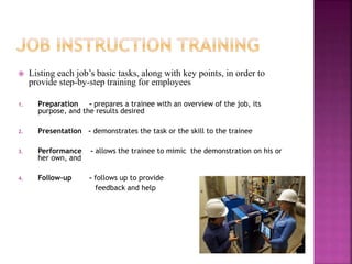  Listing each job’s basic tasks, along with key points, in order to
provide step-by-step training for employees
1. Preparation - prepares a trainee with an overview of the job, its
purpose, and the results desired
2. Presentation - demonstrates the task or the skill to the trainee
3. Performance - allows the trainee to mimic the demonstration on his or
her own, and
4. Follow-up - follows up to provide
feedback and help
 