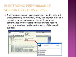  A performance support system provides just-in-time, just
enough training, information, tools, and help for users of a
product or work environment, to enable optimum
performance by those users when and where needed,
thereby also enhancing the performance of the overall
business
 