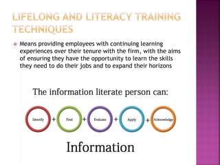  Means providing employees with continuing learning
experiences over their tenure with the firm, with the aims
of ensuring they have the opportunity to learn the skills
they need to do their jobs and to expand their horizons
 
