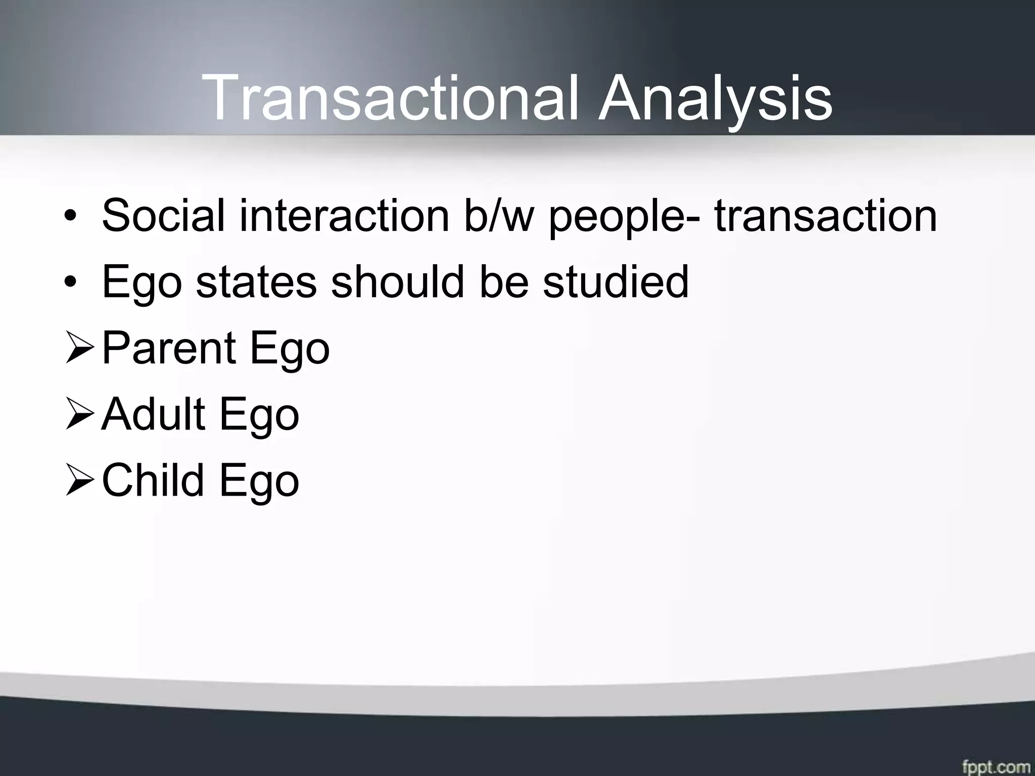 Transactional Analysis
• Social interaction b/w people- transaction
• Ego states should be studied
Parent Ego
Adult Ego
Child Ego
 