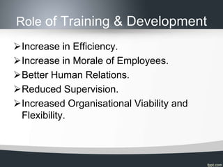 Role of Training & Development
Increase in Efficiency.
Increase in Morale of Employees.
Better Human Relations.
Reduced Supervision.
Increased Organisational Viability and
 Flexibility.
 