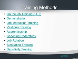 Training Methods
•   On the job Training (OJT)
•   Demonstration
•   Job Instruction Training
•   Vestibule Training
•   Apprenticeship
•   Coaching/Understudy
•   Job Rotation
•   Simulation Training
•   Sensitivity Training
                                 Continue
 