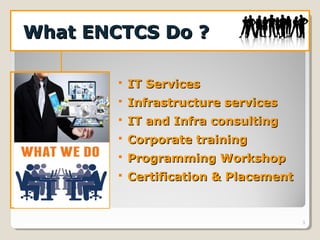  IT ServicesIT Services
 Infrastructure servicesInfrastructure services
 IT and Infra consultingIT and Infra consulting
 Corporate trainingCorporate training
 Programming WorkshopProgramming Workshop
 Certification & PlacementCertification & Placement
3
What ENCTCS Do ?What ENCTCS Do ?
 
