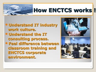How ENCTCS works !How ENCTCS works !
Understand IT industryUnderstand IT industry
work culture.work culture.
Understand the ITUnderstand the IT
consulting process.consulting process.
Feel difference betweenFeel difference between
classroom training andclassroom training and
ENCTCS corporateENCTCS corporate
environment.environment.
5
 