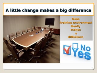 A little change makes a big differenceA little change makes a big difference
DoesDoes
training environmenttraining environment
ReallyReally
makesmakes
aa
differencedifference
9
 