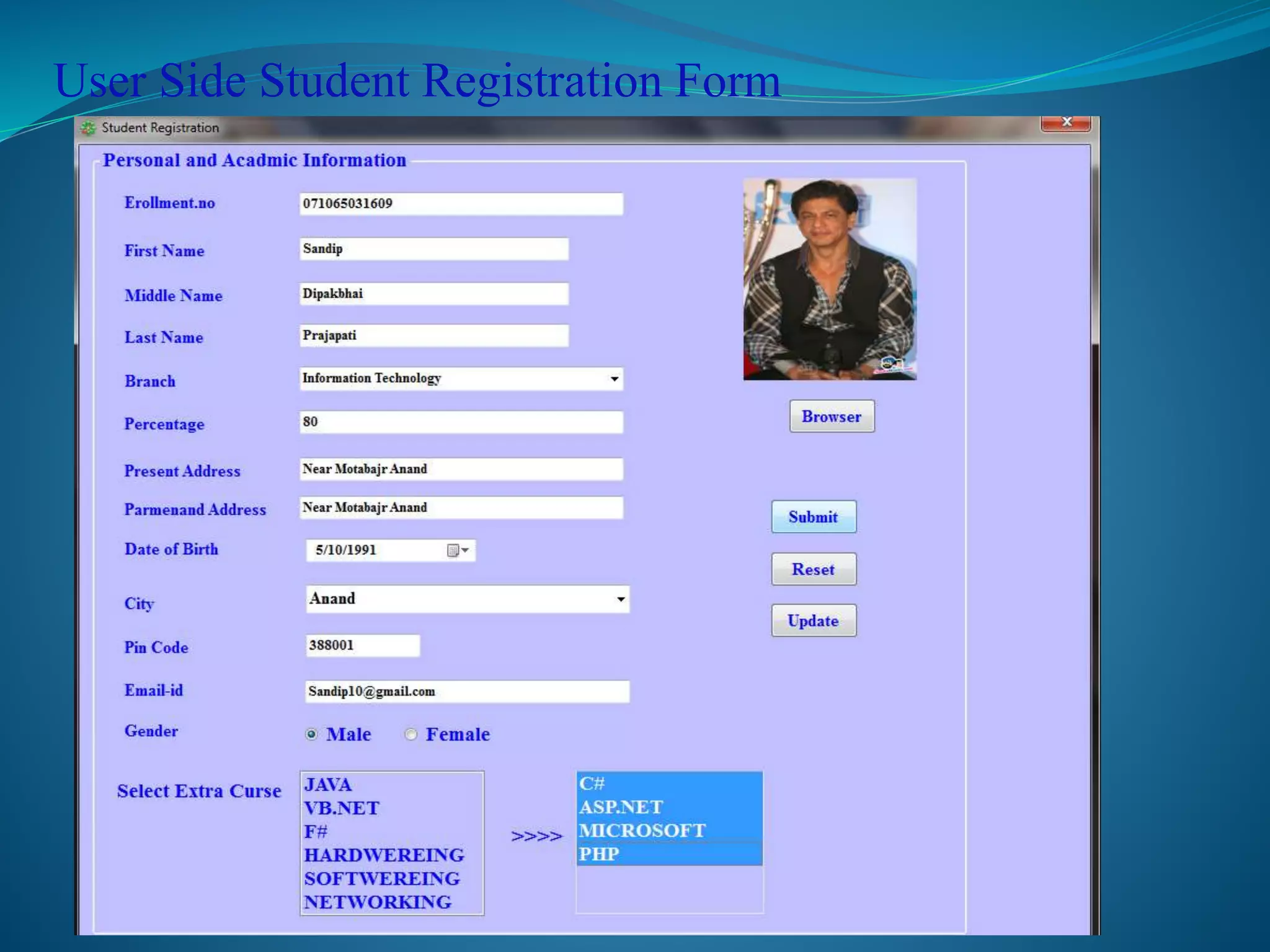 User Side Student Registration Form 
 