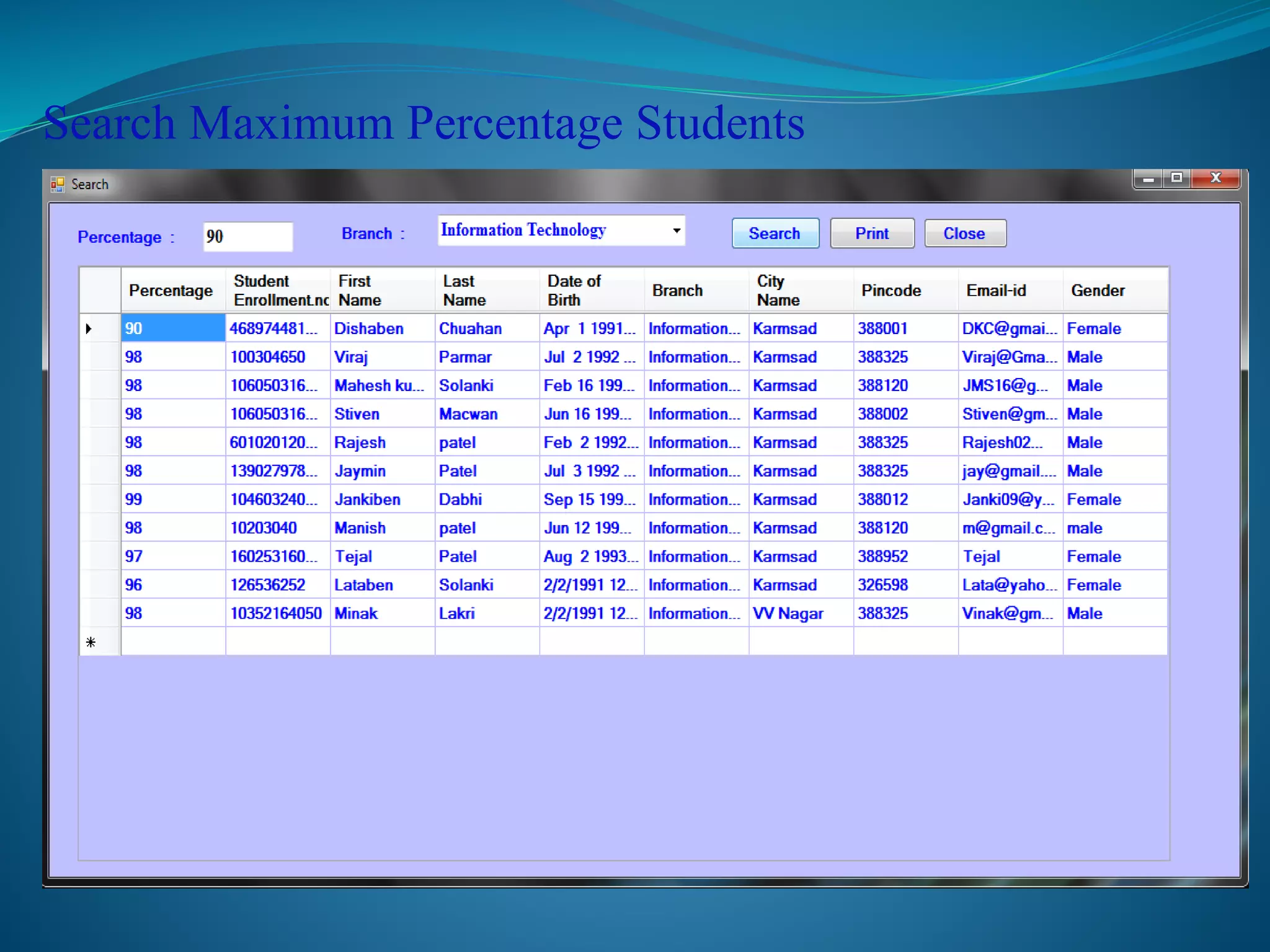 Search Maximum Percentage Students 
 