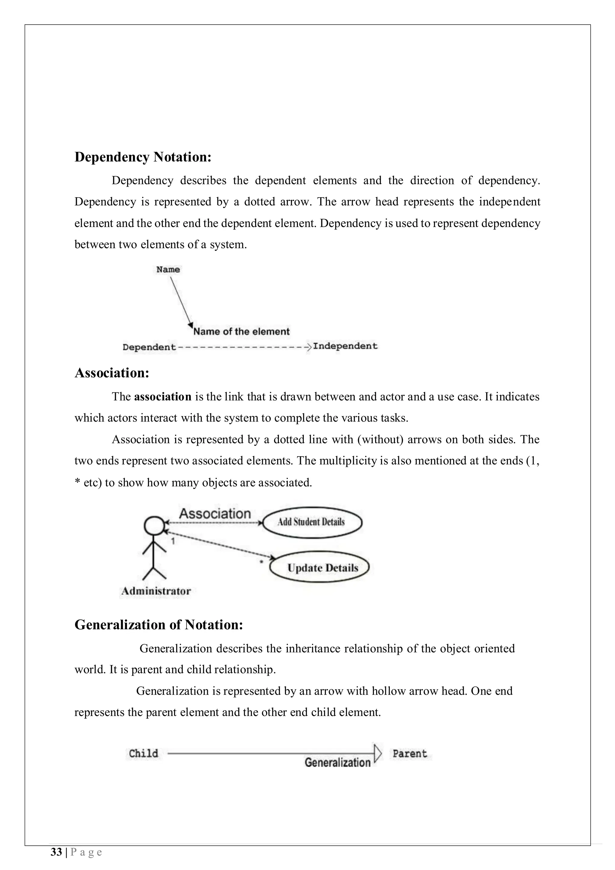 33 | P a g e
Dependency Notation:
Dependency describes the dependent elements and the direction of dependency.
Dependency is represented by a dotted arrow. The arrow head represents the independent
element and the other end the dependent element. Dependency is used to represent dependency
between two elements of a system.
Association:
The association is the link that is drawn between and actor and a use case. It indicates
which actors interact with the system to complete the various tasks.
Association is represented by a dotted line with (without) arrows on both sides. The
two ends represent two associated elements. The multiplicity is also mentioned at the ends (1,
* etc) to show how many objects are associated.
Generalization of Notation:
Generalization describes the inheritance relationship of the object oriented
world. It is parent and child relationship.
Generalization is represented by an arrow with hollow arrow head. One end
represents the parent element and the other end child element.
 