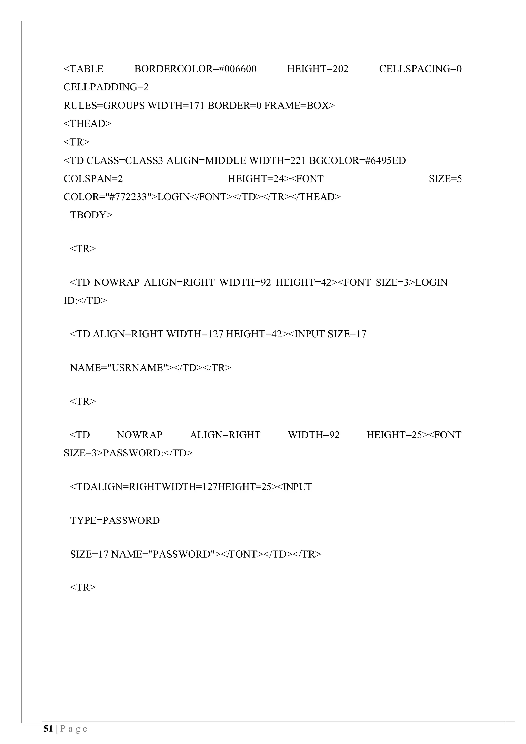 51 | P a g e
<TABLE BORDERCOLOR=#006600 HEIGHT=202 CELLSPACING=0
CELLPADDING=2
RULES=GROUPS WIDTH=171 BORDER=0 FRAME=BOX>
<THEAD>
<TR>
<TD CLASS=CLASS3 ALIGN=MIDDLE WIDTH=221 BGCOLOR=#6495ED
COLSPAN=2 HEIGHT=24><FONT SIZE=5
COLOR="#772233">LOGIN</FONT></TD></TR></THEAD>
TBODY>
<TR>
<TD NOWRAP ALIGN=RIGHT WIDTH=92 HEIGHT=42><FONT SIZE=3>LOGIN
ID:</TD>
<TD ALIGN=RIGHT WIDTH=127 HEIGHT=42><INPUT SIZE=17
NAME="USRNAME"></TD></TR>
<TR>
<TD NOWRAP ALIGN=RIGHT WIDTH=92 HEIGHT=25><FONT
SIZE=3>PASSWORD:</TD>
<TDALIGN=RIGHTWIDTH=127HEIGHT=25><INPUT
TYPE=PASSWORD
SIZE=17 NAME="PASSWORD"></FONT></TD></TR>
<TR>
 