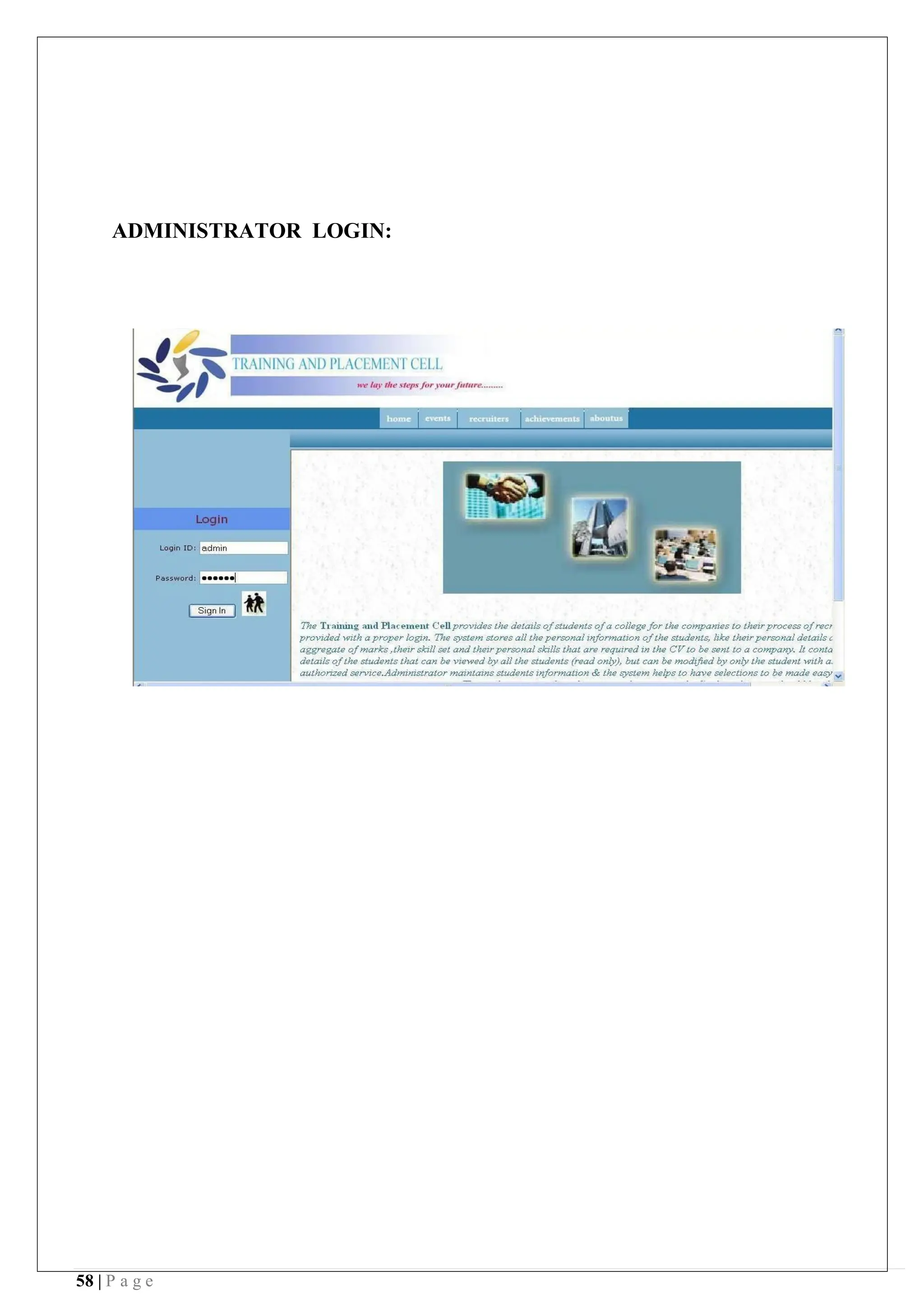 58 | P a g e
ADMINISTRATOR LOGIN:
 