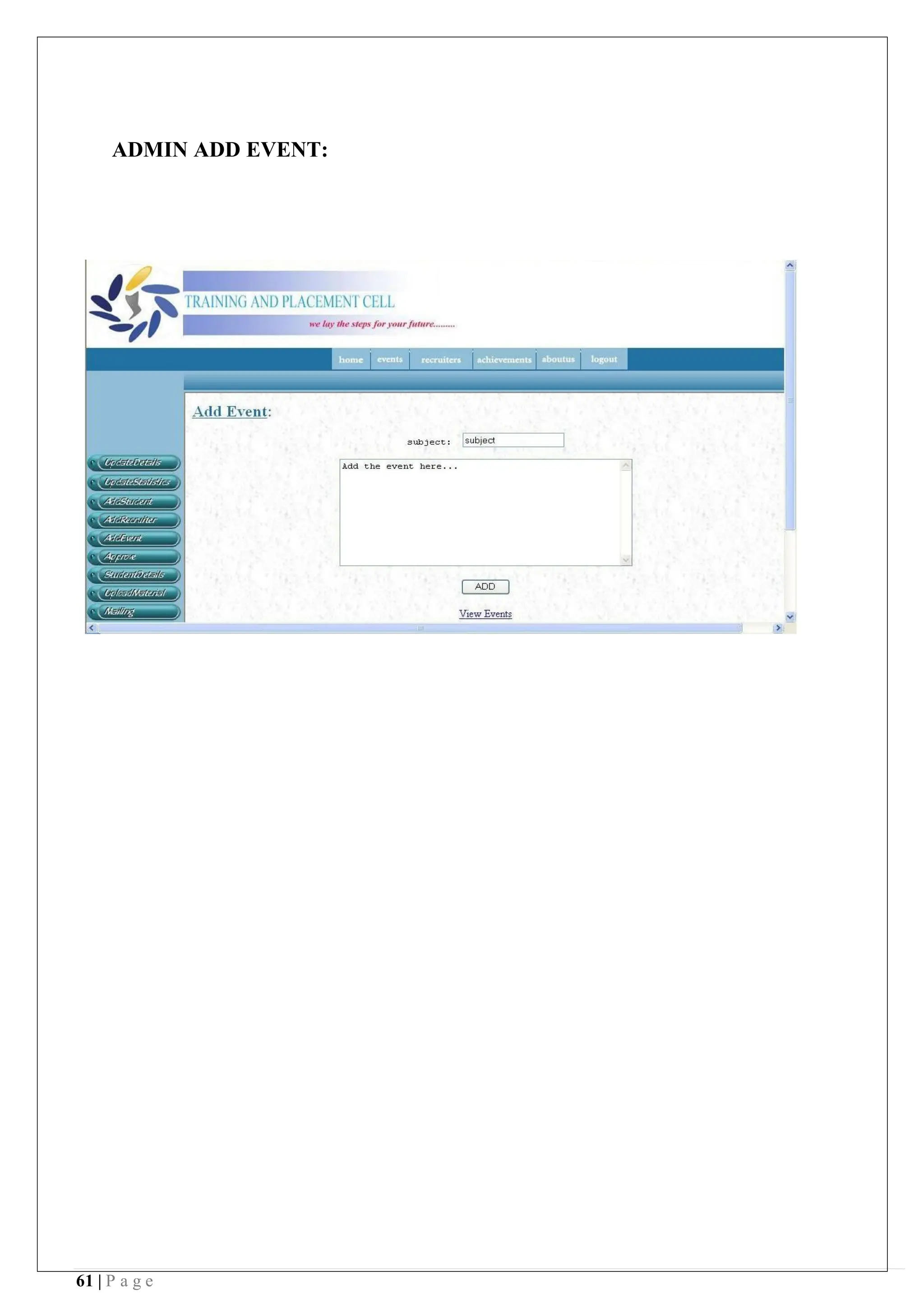 61 | P a g e
ADMIN ADD EVENT:
 