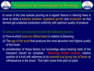 In some of the tree species pruning as a regular feature in bearing trees is
done to strike a balance between vegetative growth and production so that
farmers get sustained production uniformly with optimum quality of produce.
To achieve this one should consider the following factors-
(i) Time at which buds are differentiated in relation to blooming.
(ii) The age of the wood that produces the most abundant and highest quality
of fruit buds.
In consideration of these factors our knowledge about bearing habit of the
tree/plant should be complete. Bearing habit means relative
position of a fruit with reference to its potential bud giving rise to flower or
inflorescence in the shoot. This habit varies from plant to plant.
 
