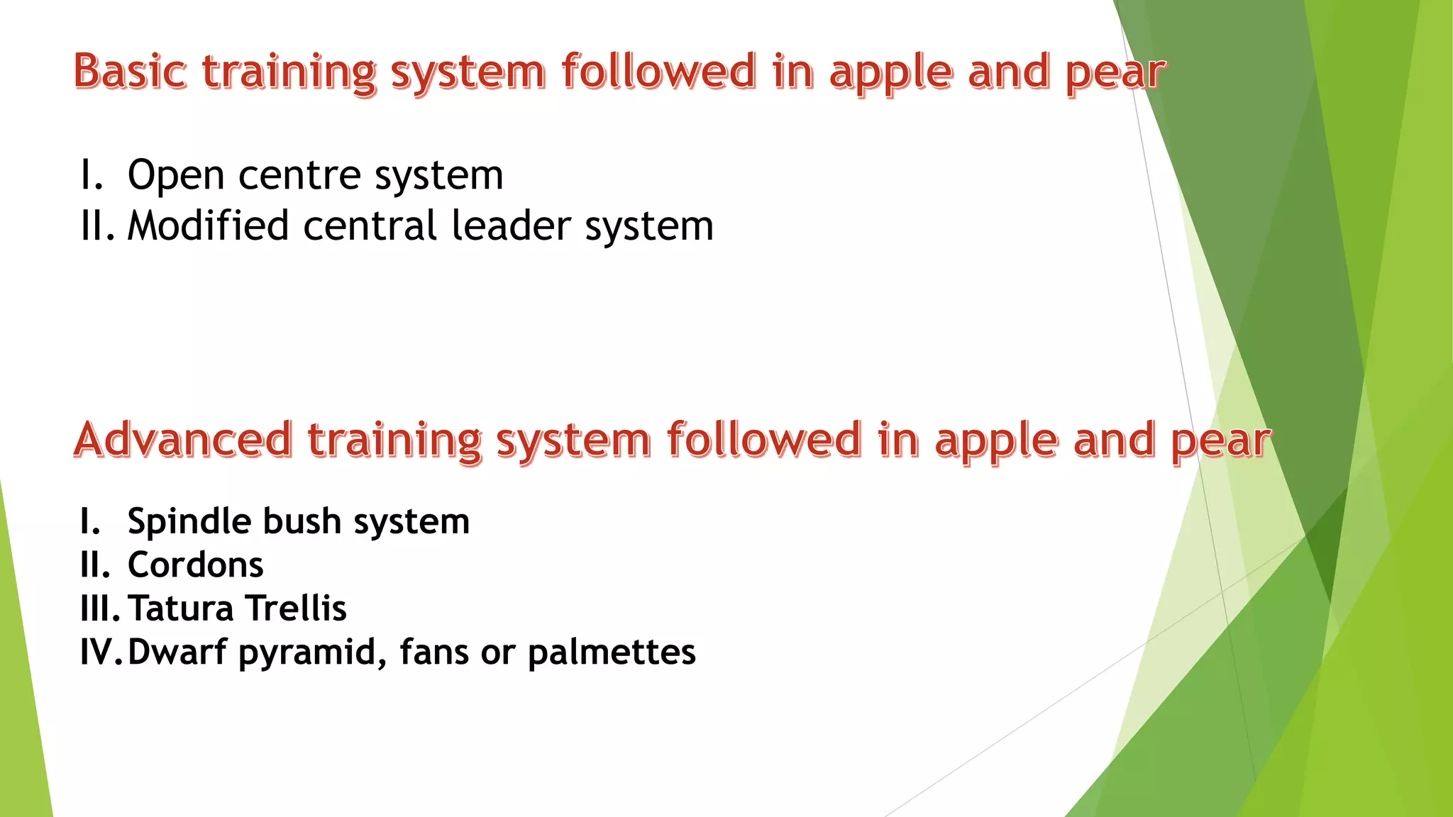 I. Open centre system
II. Modified central leader system
I. Spindle bush system
II. Cordons
III.Tatura Trellis
IV.Dwarf pyramid, fans or palmettes
 