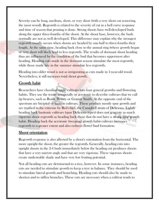 Severity can be long, medium, short, or very short (with a very short cut removing
the most wood). Regrowth is related to the severity of cut in a bell curve response
and time of season that pruning is done. Strong shoots have well-developed buds
along the upper three-fourths of the shoot. At the shoot base, however, the buds
normally are not as well developed. This difference may explain why the strongest
regrowth usually occurs when shoots are headed by one-half to three-fourths their
length. At the same time, heading back close to the annual ring (where growth began
or very short will likely lead to less regrowth. The results of dormant shoot heading
thus are influenced by the condition of the bud that becomes uppermost after
heading. Heading cuts made in the dormant season stimulate the most regrowth,
while those made late in the summer stimulate less regrowth.
Heading into older wood is not as invigorating as cuts made in 1-year-old wood.
Nevertheless, it still increases total shoot growth.
Growth habit
Researchers have classified apple cultivars into four general growths and flowering
habits. They use the terms acropetally or acrotonic to describe cultivars that we call
tip bearers, such as Rome Beauty or Granny Smith. At the opposite end of the
spectrum are bicipital or bastion cultivars. These produce mostly spur growth and
are typified in the extreme by Red chief, the Campbell strain of Delicious. Lightly
heading back basitonic cultivars (spur Delicious types) does not generate as much
vigorous shoot regrowth as heading back those that do not have a strong spur growth
habit. Heading back the acrotonic (weeping) growth habit cultivars increases
regrowth to a greater extent and also reduces flower bud formation.
Shoot orientation
Regrowth response is also affected by a shoot's orientation from the horizontal. The
more upright the shoot, the greater the regrowth. Generally, heading cuts into
upright shoots in the 2-4 buds immediately below the heading cut produces shoots
that have a very narrow angle and that are very vigorous. These vigorous shoots
create undesirable shade and have very low fruiting potential.
Not all heading cuts are detrimental to a tree, however. In some instances, heading
cuts are needed to stimulate growth to keep a tree in balance. They should be used
to stimulate lateral growth and branching. Heading cuts should also be made to
shorten and to stiffen branches. These cuts are necessary when a cultivar tends to
 