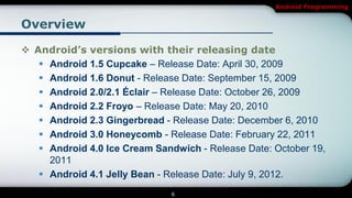 Android Programming


Overview

 Android’s versions with their releasing date
    Android 1.5 Cupcake – Release Date: April 30, 2009
    Android 1.6 Donut - Release Date: September 15, 2009
    Android 2.0/2.1 Éclair – Release Date: October 26, 2009
    Android 2.2 Froyo – Release Date: May 20, 2010
    Android 2.3 Gingerbread - Release Date: December 6, 2010
    Android 3.0 Honeycomb - Release Date: February 22, 2011
    Android 4.0 Ice Cream Sandwich - Release Date: October 19,
     2011
    Android 4.1 Jelly Bean - Release Date: July 9, 2012.
                               6
 