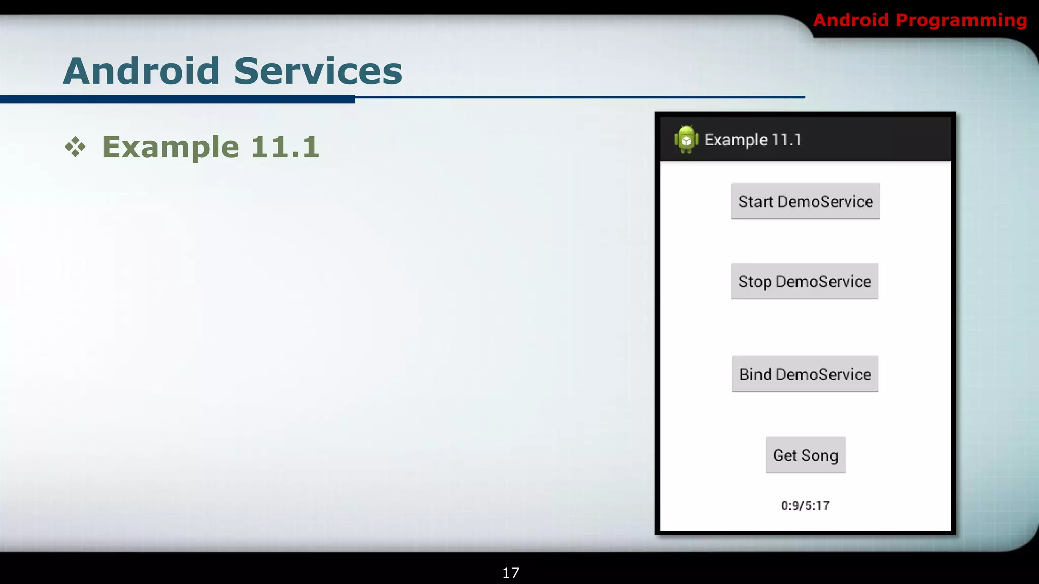 Android Programming


Android Services

 Example 11.1




                   17
 