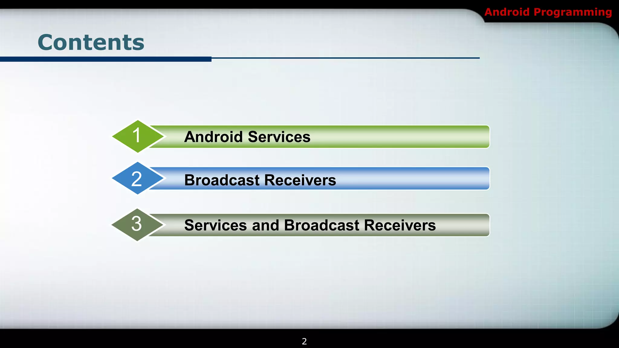 Android Programming


Contents



      1    Android Services

      2    Broadcast Receivers

      3    Services and Broadcast Receivers




                         2
 
