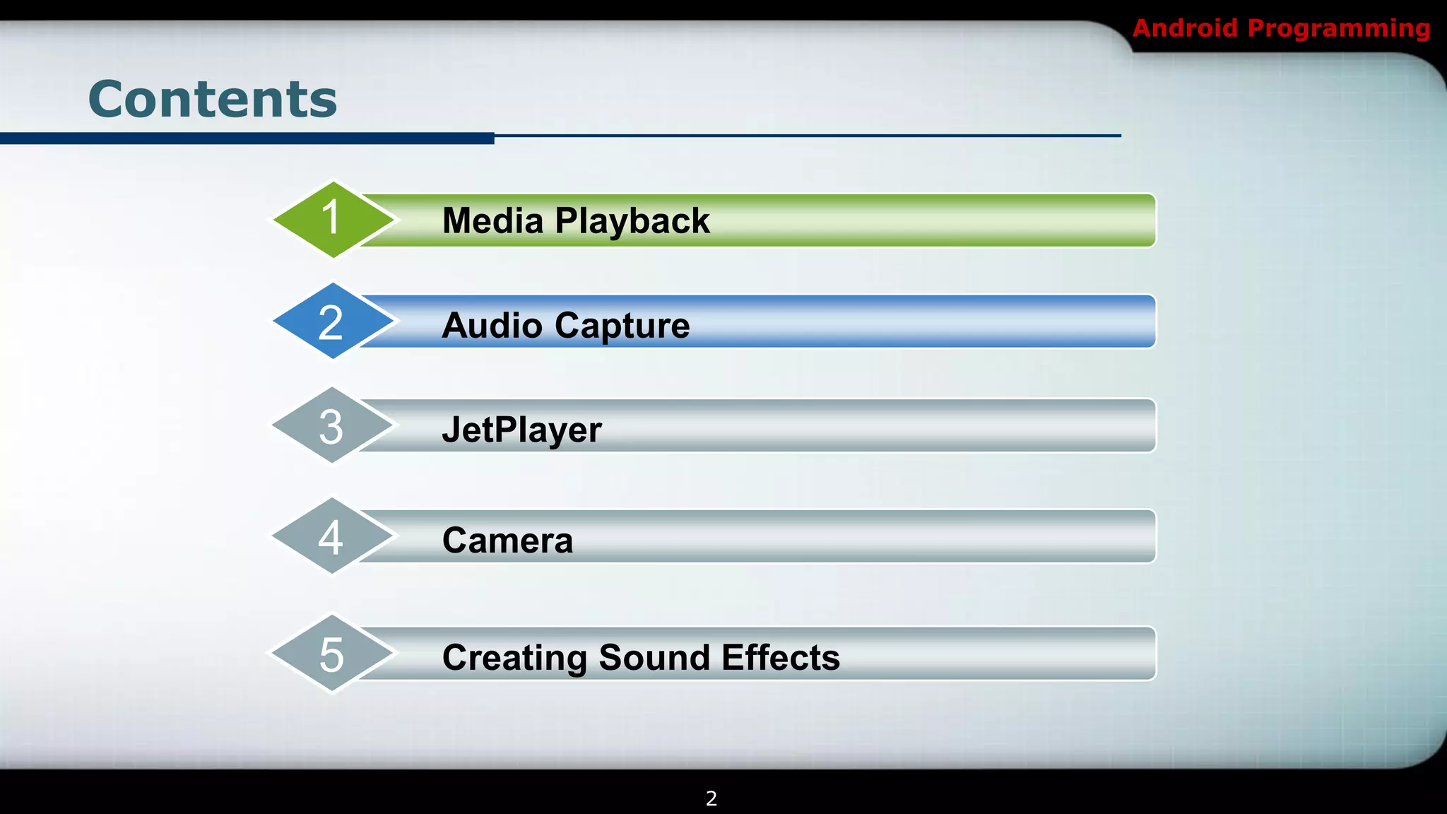 Android Programming


Contents

       1   Media Playback

       2   Audio Capture

       3   JetPlayer


       4   Camera


       5   Creating Sound Effects


                           2
 
