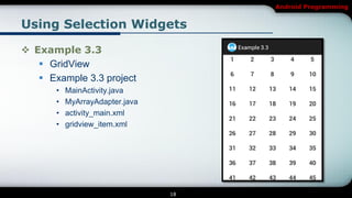 Android Programming


Using Selection Widgets

 Example 3.3
    GridView
    Example 3.3 project
       •   MainActivity.java
       •   MyArrayAdapter.java
       •   activity_main.xml
       •   gridview_item.xml




                                 18
 