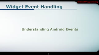 Android Programming


Widget Event Handling




     Understanding Android Events




                  3
 