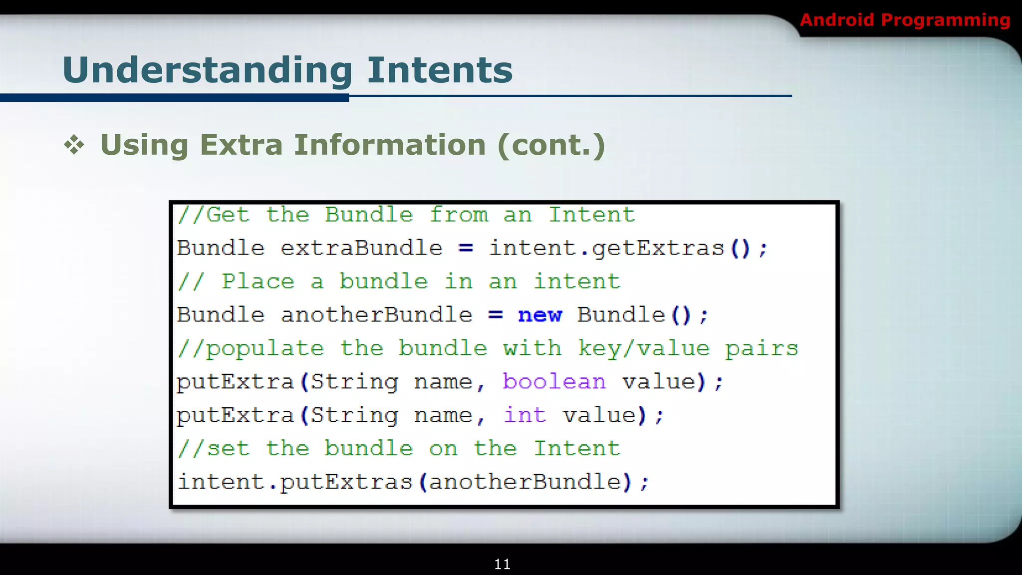 Android Programming


Understanding Intents

 Using Extra Information (cont.)




                          11
 