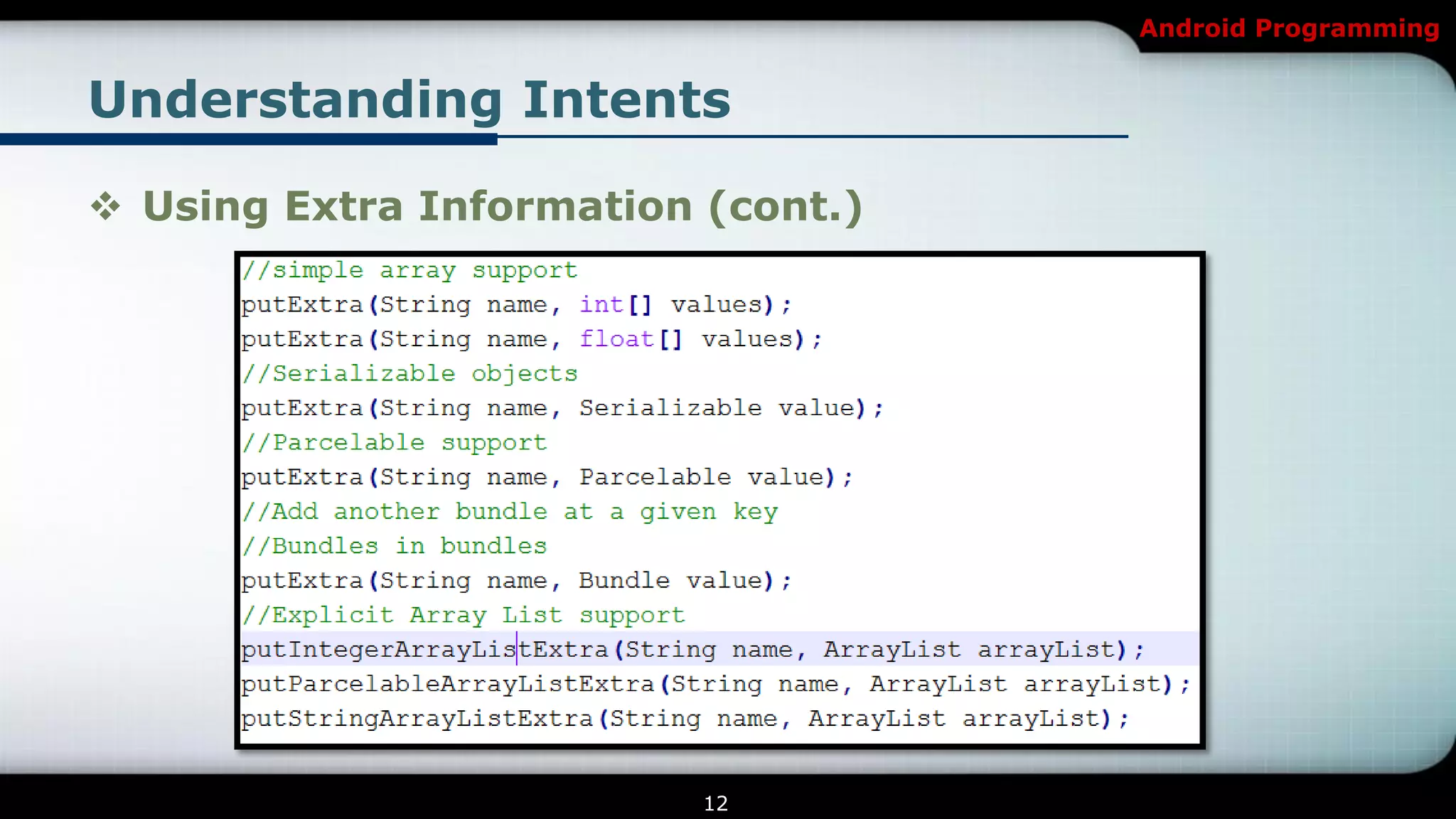 Android Programming


Understanding Intents

 Using Extra Information (cont.)




                          12
 