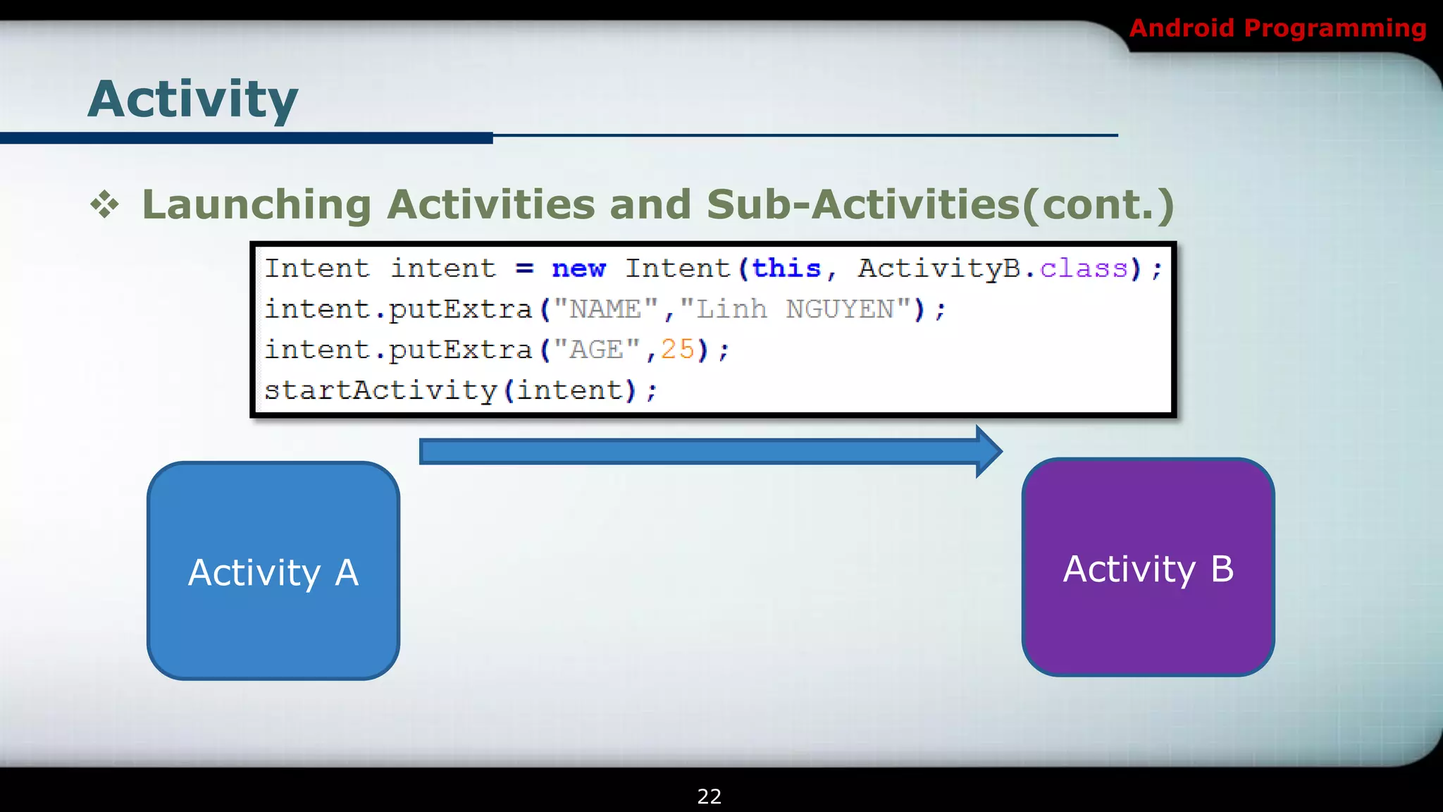 Android Programming


Activity

 Launching Activities and Sub-Activities(cont.)




    Activity A                            Activity B




                          22
 