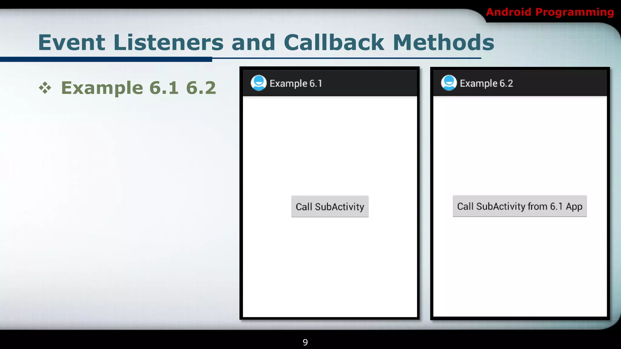Android Programming


Event Listeners and Callback Methods

 Example 6.1 6.2




                    9
 