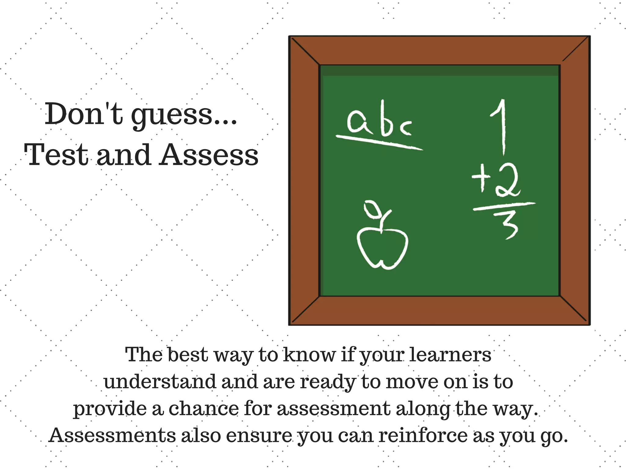 Don't guess...
Test and Assess
The best way to know if your learners
understand and are ready to move on is to
provide a chance for assessment along the way.
Assessments also ensure you can reinforce as you go.
 
