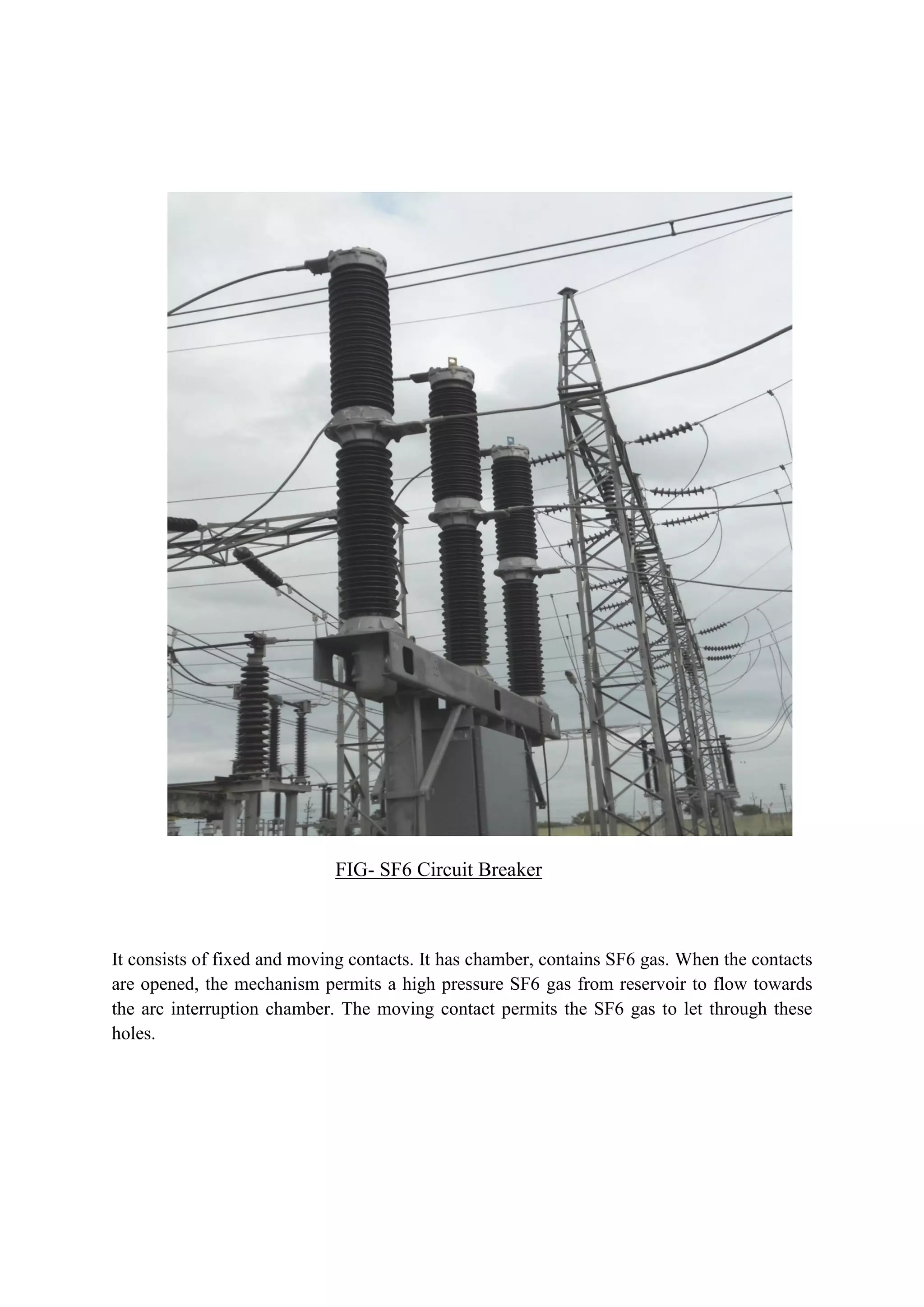 FIG- SF6 Circuit Breaker
It consists of fixed and moving contacts. It has chamber, contains SF6 gas. When the contacts
are opened, the mechanism permits a high pressure SF6 gas from reservoir to flow towards
the arc interruption chamber. The moving contact permits the SF6 gas to let through these
holes.
 