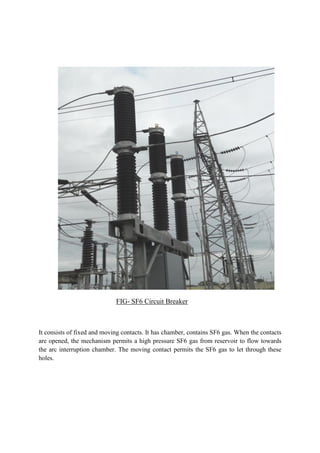 FIG- SF6 Circuit Breaker
It consists of fixed and moving contacts. It has chamber, contains SF6 gas. When the contacts
are opened, the mechanism permits a high pressure SF6 gas from reservoir to flow towards
the arc interruption chamber. The moving contact permits the SF6 gas to let through these
holes.
 