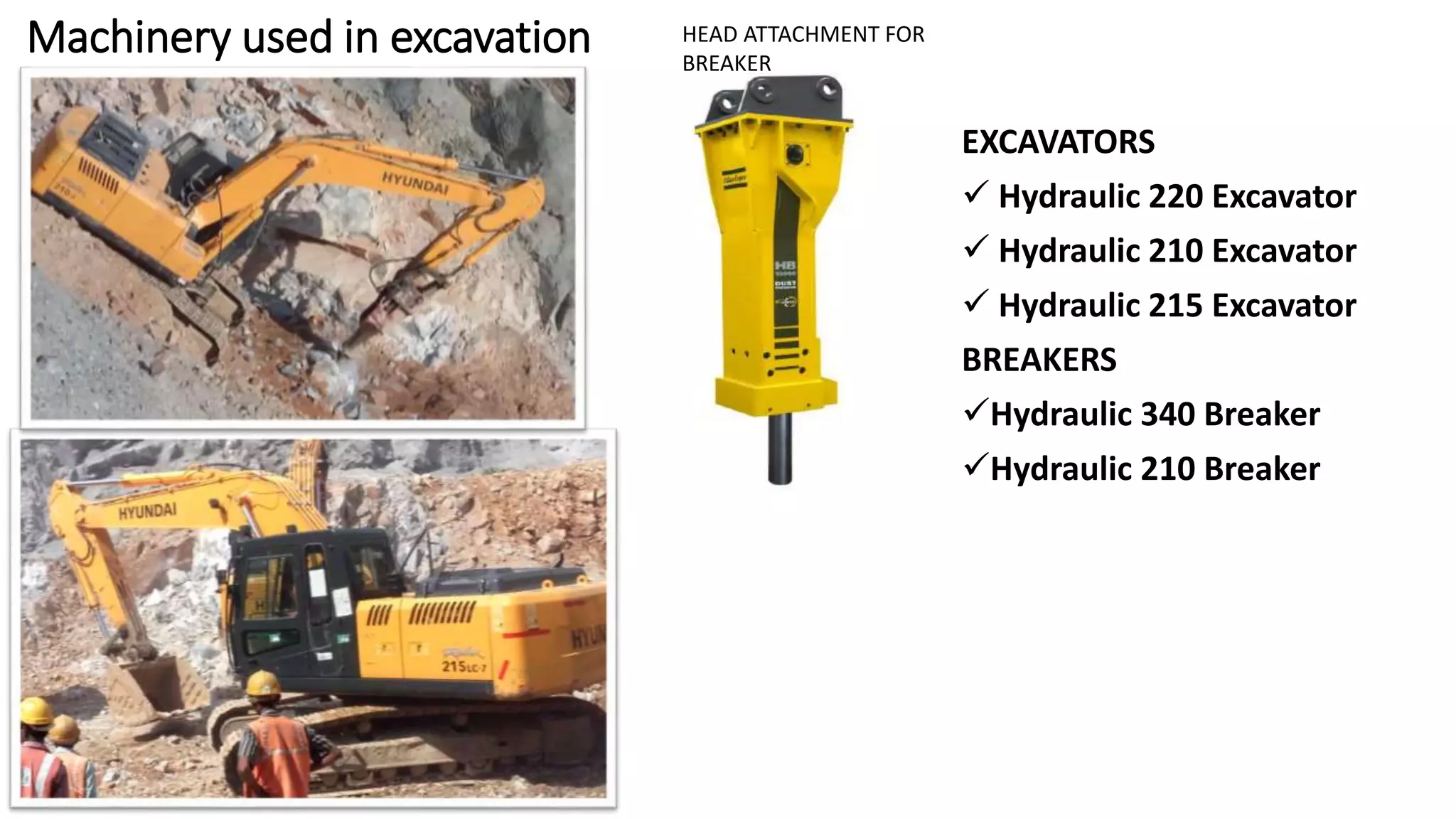 Machinery used in excavation
EXCAVATORS
 Hydraulic 220 Excavator
 Hydraulic 210 Excavator
 Hydraulic 215 Excavator
BREAKERS
Hydraulic 340 Breaker
Hydraulic 210 Breaker
HEAD ATTACHMENT FOR
BREAKER
 