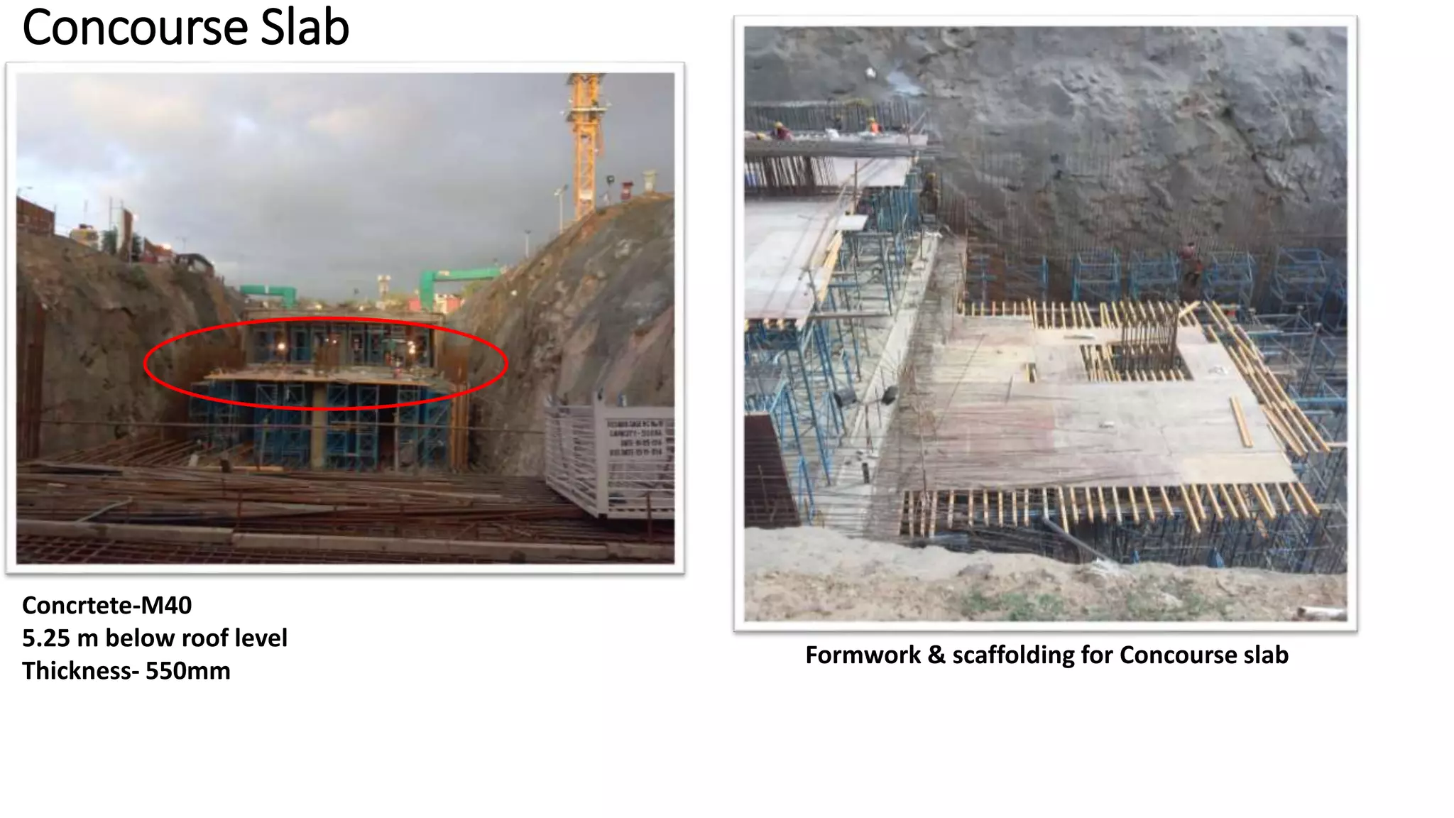 Concourse Slab
Concrtete-M40
5.25 m below roof level
Thickness- 550mm
Formwork & scaffolding for Concourse slab
 