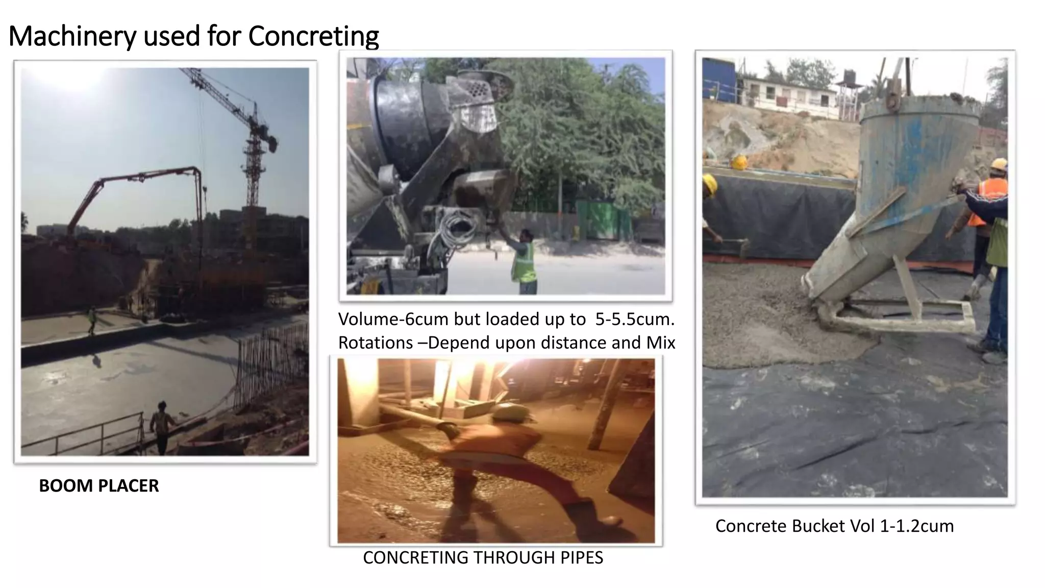 Machinery used for Concreting
Volume-6cum but loaded up to 5-5.5cum.
Rotations –Depend upon distance and Mix
BOOM PLACER
Concrete Bucket Vol 1-1.2cum
CONCRETING THROUGH PIPES
 