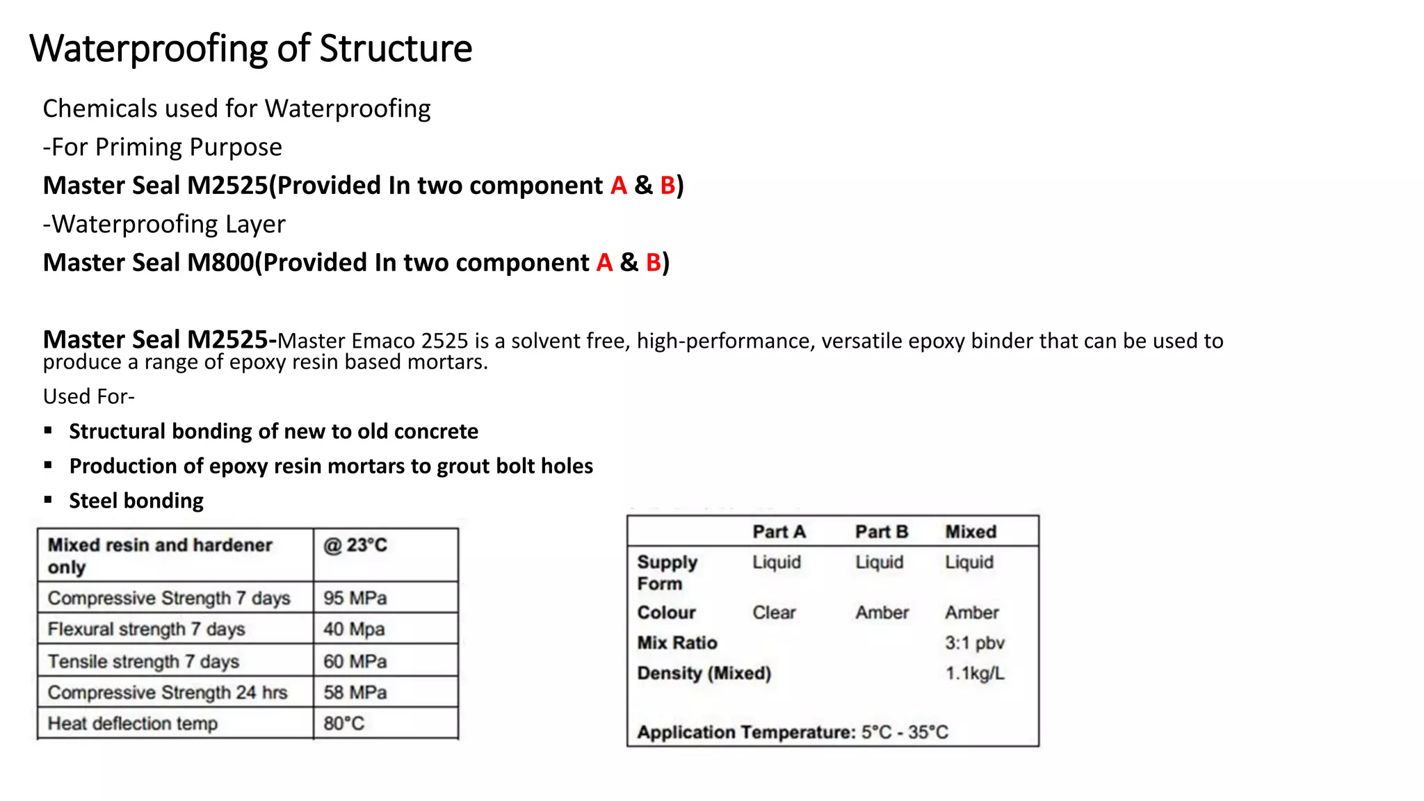 Waterproofing of Structure
Chemicals used for Waterproofing
-For Priming Purpose
Master Seal M2525(Provided In two component A & B)
-Waterproofing Layer
Master Seal M800(Provided In two component A & B)
Master Seal M2525-Master Emaco 2525 is a solvent free, high-performance, versatile epoxy binder that can be used to
produce a range of epoxy resin based mortars.
Used For-
 Structural bonding of new to old concrete
 Production of epoxy resin mortars to grout bolt holes
 Steel bonding
 