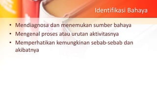Identifikasi Bahaya
• Mendiagnosa dan menemukan sumber bahaya
• Mengenal proses atau urutan aktivitasnya
• Memperhatikan kemungkinan sebab-sebab dan
akibatnya
 