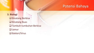 Potensi Bahaya
3. Biologi
 Binatang Berbisa
 Binatang Buas
 Tumbuh-tumbuhan Berbisa
 Jamur
 Bakteri/Virus
 