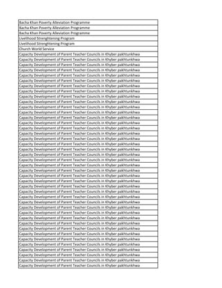 Bacha Khan Poverty Alleviation Programme
Bacha Khan Poverty Alleviation Programme
Bacha Khan Poverty Alleviation Programme
Livelihood Strenghtening Program
Livelihood Strenghtening Program
Church World Service
Capacity Development of Parent Teacher Councils in Khyber pakhtunkhwa
Capacity Development of Parent Teacher Councils in Khyber pakhtunkhwa
Capacity Development of Parent Teacher Councils in Khyber pakhtunkhwa
Capacity Development of Parent Teacher Councils in Khyber pakhtunkhwa
Capacity Development of Parent Teacher Councils in Khyber pakhtunkhwa
Capacity Development of Parent Teacher Councils in Khyber pakhtunkhwa
Capacity Development of Parent Teacher Councils in Khyber pakhtunkhwa
Capacity Development of Parent Teacher Councils in Khyber pakhtunkhwa
Capacity Development of Parent Teacher Councils in Khyber pakhtunkhwa
Capacity Development of Parent Teacher Councils in Khyber pakhtunkhwa
Capacity Development of Parent Teacher Councils in Khyber pakhtunkhwa
Capacity Development of Parent Teacher Councils in Khyber pakhtunkhwa
Capacity Development of Parent Teacher Councils in Khyber pakhtunkhwa
Capacity Development of Parent Teacher Councils in Khyber pakhtunkhwa
Capacity Development of Parent Teacher Councils in Khyber pakhtunkhwa
Capacity Development of Parent Teacher Councils in Khyber pakhtunkhwa
Capacity Development of Parent Teacher Councils in Khyber pakhtunkhwa
Capacity Development of Parent Teacher Councils in Khyber pakhtunkhwa
Capacity Development of Parent Teacher Councils in Khyber pakhtunkhwa
Capacity Development of Parent Teacher Councils in Khyber pakhtunkhwa
Capacity Development of Parent Teacher Councils in Khyber pakhtunkhwa
Capacity Development of Parent Teacher Councils in Khyber pakhtunkhwa
Capacity Development of Parent Teacher Councils in Khyber pakhtunkhwa
Capacity Development of Parent Teacher Councils in Khyber pakhtunkhwa
Capacity Development of Parent Teacher Councils in Khyber pakhtunkhwa
Capacity Development of Parent Teacher Councils in Khyber pakhtunkhwa
Capacity Development of Parent Teacher Councils in Khyber pakhtunkhwa
Capacity Development of Parent Teacher Councils in Khyber pakhtunkhwa
Capacity Development of Parent Teacher Councils in Khyber pakhtunkhwa
Capacity Development of Parent Teacher Councils in Khyber pakhtunkhwa
Capacity Development of Parent Teacher Councils in Khyber pakhtunkhwa
Capacity Development of Parent Teacher Councils in Khyber pakhtunkhwa
Capacity Development of Parent Teacher Councils in Khyber pakhtunkhwa
Capacity Development of Parent Teacher Councils in Khyber pakhtunkhwa
Capacity Development of Parent Teacher Councils in Khyber pakhtunkhwa
Capacity Development of Parent Teacher Councils in Khyber pakhtunkhwa
Capacity Development of Parent Teacher Councils in Khyber pakhtunkhwa
Capacity Development of Parent Teacher Councils in Khyber pakhtunkhwa
Capacity Development of Parent Teacher Councils in Khyber pakhtunkhwa
Capacity Development of Parent Teacher Councils in Khyber pakhtunkhwa
Capacity Development of Parent Teacher Councils in Khyber pakhtunkhwa
 