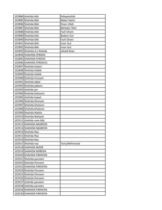 102884 shahida bibi hidayatullah
102885 Shahida Bibi Abdul Halim
102886 Shahida Bibi Ihsan Ullah
102887 Shahida Bibi Bahadur Sher
102888 Shahida bibi Fazli Ghani
102889 Shahida bibi Badam Gul
102890 Shahida bibi Fazli Ghani
102891 Shahida Bibi Inzar Gul
102892 Shahida Bibi Inzar Gul
102893 Shahida d o Rohida Jahaid khan
102894 SHAHIDA FERDOS
102895 SHAHIDA FERDOS
102896 SHAHIDA FERDOUS
102897 Shahida Galani
102898 Shahida Habib
102899 Shahida Habib
102900 Shahida Hussain
102901 Shahida Iqbal
102902 Shahida jabeen
102903 shahida jan
102904 Shahida Kalsoom
102905 shahida kawal
102906 Shahida Khanam
102907 Shahida khatoon
102908 Shahida khatoon
102909 Shahida Nabila
102910 Shahida Naheed
102911 shahida nam bibi
102912 SHAHIDA NASREEN
102913 SHAHIDA NASREEN
102914 Shahida Naz
102915 Shahida Naz
102916 Shahida Naz
102917 Shahida naz Tariq Mehmood
102918 SHAHIDA NOOR
102919 SHAHIDA NOREEN
102920 SHAHIDA PARVEEN
102921 Shahida parveen
102922 Shahida Parveen
102923 SHAHIDA PARVEEN
102924 Shahida Parveen
102925 Shahida Parveen
102926 Shahida Parveen
102927 shahida parveen
102928 shahida parveen
102929 SHAHIDA PARVEEN
102930 SHAHIDA PARVEEN
 