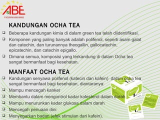 KANDUNGAN OCHA TEAKANDUNGAN OCHA TEA
 Beberapa kandungan kimia di dalam green tea telah diidentifikasi.
 Komponen yang paling banyak adalah polifenol, seperti asam galat
dan catechin, dan turunannya theogallin, gallocatechin,
epicatechin, dan catechin epigallo.
 Dimana semua, komposisi yang terkandung di dalam Ocha tea
sangat bermanfaat bagi kesehatan.
MANFAAT OCHA TEAMANFAAT OCHA TEA
 Kandungan senyawa polifenol (katecin dan kafein) dalam ocha tea
sangat bermanfaat bagi kesehatan, diantaranya:
 Mampu mencegah kanker
 Membantu dalam mengontrol kadar kolesterol dalam darah
 Mampu menurunkan kadar glukosa dalam darah
 Mencegah penuaan dini
 Menyegarkan badan (efek stimulan dari kafein).
 