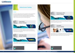 | 25info.uk@savilleconsulting.com | +44 (0)20 8619 9000 | www.savilleconsulting.com24 |
Team Roles
Access Training
Interview Guide
Access Training
Equips delegates with an understanding of the Saville Consulting Wave®
Team
Roles report and the knowledge to administer the report to facilitate team
building sessions, improve team performance and have a better understanding
of teams within their organisation.
Teaches delegates how to use the Saville Consulting Wave®
Interview Guide to
structure, deliver, record and evaluate objective competency-based interviewing.
Overview
Each session is approximately two hours and delivered online, giving delegates
the practical knowledge and skills to immediately access and implement
the selected product within their organisation. Delegates learn the theory
underpinning each tool to drive sound understanding and study real-life case
studies to understand best practice and powerful application.
Online Access Training
2 hours
W
Performance 360
Access Training
Strengths
Access Training
Trains delegates to administer and interpret the Saville Consulting Wave®
Performance 360 report, use the data for personal development, coaching and
administer powerful feedback sessions.
Equips delegates with the understanding to administer the Strengths suite of
behavioural questionnaires to streamline your recruitment process and identify
highest calibre candidates to take forward and improve offer ratios.
2 hours
W
 