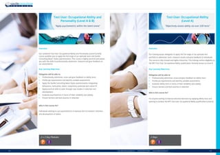 | 13info.uk@savilleconsulting.com | +44 (0)20 8619 9000 | www.savilleconsulting.com12 |
Test User: Occupational Ability and
Personality (Level A  B)
“Apply psychometrics within the talent arena”
Overview
Our combined Test User: Occupational Ability and Personality (Level A and B)
course qualifies you to apply the full range of our aptitude tests and Saville
Consulting Wave®
Styles questionnaires. The course is highly practical and equips
you with the skills to professionally administer, interpret and give feedback on
our assessments.
Key Learning Objectives
Delegates will be able to:
•	 Professionally administer, score and give feedback on ability tests
•	 Profile job requirements and identify suitable assessments
•	 Apply the Saville Consulting Wave Styles questionnaires integrating
behaviours, motivation, talent, competency potential and culture fit
•	 Apply practical skills to work through case studies in selection and
development
•	 Evaluate psychometrics in terms of their reliability and validity
•	 Ensure fairness and best practice in selection
Who is this course for?
Individuals wishing to use psychometrics to improve the recruitment, retention
and development of talent.
2 x 2 Day Modules
P I
Test User: Occupational Ability
(Level A)
“Objectively assess ability via over 100 tests”
Overview
Our training equips delegates to apply the full range of our aptitude test
portfolio to administer tests, interpret results and give feedback to individuals.
The course is fully tutored and highly interactive. This training confers eligibility to
the BPS Test User: Occupational Ability qualification, formerly known as Level A.
Key Learning Objectives
Delegates will be able to:
•	 Professionally administer, score and give feedback on ability tests
•	 Profile job requirements and identify suitable assessments
•	 Evaluate ability tests in terms of their reliability and validity
•	 Ensure fairness and best practice in selection
Who is this course for?
For anyone wishing to improve selection decisions by applying ability tests and
wanting to achieve the BPS Test User: Occupational Ability qualification (Level A).
2 Days
P I
 