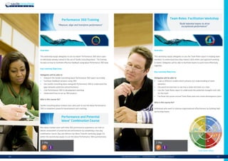 | 17info.uk@savilleconsulting.com | +44 (0)20 8619 9000 | www.savilleconsulting.com16 |
Performance 360 Training
“Measure, align and transform performance”
Overview
This workshop equips delegates to use our Wave®
Performance 360 and is open
to individuals already trained in the use of Saville Consulting Wave®
. The training
focuses on how to facilitate effective feedback using Wave Performance 360 data.
Key Learning Objectives
Delegates will be able to:
•	 Interpret the Saville Consulting Wave Performance 360 report accurately
•	 Facilitate feedback sessions using 360
•	 Use Saville Consulting Wave alongside Performance 360 to understand the
gaps between potential and performance
•	 Link Performance 360 to development planning
•	 Understand how to set up 360 projects
Who is this course for?
Saville Consulting Wave trained users who wish to use the Wave Performance
360 to implement powerful development and coaching.
1 Day
P I
Team Roles: Facilitation Workshop
“Build talented teams to drive
exceptional performance”
Overview
This workshop equips delegates to use the Team Roles report in helping team
members to understand how they interact with others and approach working
in teams. Delegates will be able to facilitate teams to work more effectively
together.
Key Learning Objectives
Delegates will be able to:
•	 Look at different models which enhance our understanding of team
dynamics
•	 Use practical exercises to see how a team functions on a task
•	 Use the Team Roles report to understand the potential strengths and risks
for the team
•	 Facilitate discussion around Team Roles data and create development plans
Who is this course for?
Individuals who want to improve organisational effectiveness by building high
performing teams.
AnalystOptimist
Supporter
Finisher
Striver Assertor
Relator
Innovator
Least Preferred Roles
Least Preferred Roles
LeastPreferredRoles
LeastPreferredRoles
Preferred Roles
Preferred Roles
PreferredRoles
PreferredRoles
1 Day
P I
Team Roles Wheel
Performance and Potential
Wave®
Combination Course
Non-Wave trained users with little 360 performance experience can train to
deliver assessment of potential and performance by completing a two-day
combination course. Day one delivers our Wave Transfer workshop (page 15)
whilst the second day equips to use the Wave Performance 360 questionnaire.
 