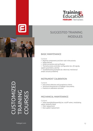 SUGGESTED TRAINING
MODULES
BASIC MAINTENANCE
Content
• Machine components and their role in the process
• Safety devices
• Utility connection and veriﬁcation
• Thema4 process controller conﬁguration (ex. I/O signals,
system parameters, alarms)
• Troubleshooting examples (ex. electrical, mechanical
and/or process problems)
INSTRUMENT CALIBRATION
Content
• Instrument selection and acceptance criteria
• Technical characteristic of Fedegari instruments
• Practice on calibration activities
MECHANICAL MAINTENANCE
Content
• Valve assembly/disassembly (ex. on/oﬀ valves, modulating
valves, butterﬂy valve)
• Filter replacement
• Door gasket replacement
CUSTOMIZED
TRAINING
COURSES
fedegari.com 12
Training&Education
Tech Centers
 