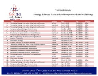  
	
  
Training	
  Calendar	
  
Strategy,	
  Balanced	
  Scorecard	
  and	
  Competency	
  Based	
  HR	
  Trainings	
  
Executive	
  Office,	
  4
th
	
  Floor,	
  Saeel	
  Plaza,	
  Blue	
  Area,	
  Islamabad,	
  Pakistan
Ph:	
  +92	
  51	
  2604331,	
  Cell:	
  +92	
  341	
  513	
  1011	
  info@genzeesolutions.com	
  marketing@genzeesolutions.com	
  
	
   Topic	
   Location	
  	
   Date	
   Fee	
   Duration	
  
1. 	
   Translating	
  Strategy	
  into	
  Action	
  Using	
  Balanced	
  Scorecard	
   Lahore	
   Sept	
  3,	
  2013	
   Rs.	
  21,500	
   1	
  Day	
  
2. 	
   Translating	
  Strategy	
  into	
  Action	
  Using	
  Balanced	
  Scorecard	
   Islamabad	
   Sept	
  5,	
  2013	
   Rs.	
  21,500	
   1	
  Day	
  
3. 	
   Translating	
  Strategy	
  into	
  Action	
  Using	
  Balanced	
  Scorecard	
   Karachi	
   Sept	
  9,	
  2013	
   Rs.	
  21,500	
   1	
  Day	
  
4. 	
   Competency	
  Based	
  Hiring	
  and	
  Interviewing	
   Karachi	
   October	
  1,	
  2013	
   Rs.	
  21,500	
   1	
  Day	
  
5. 	
   Competency	
  Based	
  People	
  Development	
   Lahore	
   October	
  10,	
  2013	
   Rs.	
  21,500	
   1	
  Day	
  
6. 	
   Developing	
  Competency	
  Frameworks	
  and	
  Metrics	
   Islamabad	
   October	
  22,	
  2013	
   Rs.	
  21,500	
   1	
  Day	
  
7. 	
   Competency	
  Based	
  Performance	
  Management	
   Karachi	
   November	
  5,	
  2013	
   Rs.	
  21,500	
   1	
  Day	
  
8. 	
   Measuring	
  Strategic	
  Readiness	
  of	
  Intangible	
  Assets	
   Lahore	
   November	
  21,	
  2013	
   Rs.	
  21,500	
   1	
  Day	
  
9. 	
   Outside	
  –	
  In	
  Strategy	
   Islamabad	
   December	
  3,	
  2013	
   Rs.	
  21,500	
   1	
  Day	
  
10. 	
   Blue	
  Ocean	
  Strategy	
   Karachi	
   December	
  12,	
  2013	
   	
   	
  
11. 	
   Building	
  Scenarios	
  for	
  Strategic	
  Planning	
   Lahore	
   December	
  17,	
  2013	
   Rs.	
  21,500	
   1	
  Day	
  
12. 	
   Translating	
  Strategy	
  into	
  Action	
  Using	
  Balanced	
  Scorecard	
   Islamabad	
   December	
  24,	
  2013	
   Rs.	
  21,000	
   1	
  Day	
  
13. 	
   Competency	
  Based	
  Hiring	
  and	
  Interviewing	
   Lahore	
   January	
  2,	
  2014	
   Rs.	
  23,000	
   1	
  Day	
  
14. 	
   Competency	
  Based	
  People	
  Development	
   Karachi	
   January	
  16,	
  2014	
   Rs.	
  23,000	
   1	
  Day	
  
15. 	
   Developing	
  Competency	
  Frameworks	
  and	
  Metrics	
   Lahore	
   January	
  23,	
  2014	
   Rs.	
  23,000	
   1	
  Day	
  
16. 	
   Competency	
  Based	
  Performance	
  Management	
   Islamabad	
   January	
  30,	
  2014	
   Rs.	
  23,000	
   1	
  Day	
  
17. 	
   Measuring	
  Strategic	
  Readiness	
  of	
  Intangible	
  Assets	
   Karachi	
   February	
  6,	
  2014	
   Rs.	
  23,000	
   1	
  Day	
  
18. 	
   Outside	
  –	
  In	
  Strategy	
   Lahore	
   February	
  20,	
  2014	
   Rs.	
  23,000	
   1	
  Day	
  
19. 	
   Blue	
  Ocean	
  Strategy	
   Islamabad	
   March	
  6,	
  2014	
   	
   	
  
20. 	
   Building	
  Scenarios	
  for	
  Strategic	
  Planning	
   Karachi	
   March	
  20,	
  2014	
   Rs.	
  23,000	
   1	
  Day	
  
21. 	
   Translating	
  Strategy	
  into	
  Action	
  Using	
  Balanced	
  Scorecard	
   Karachi	
   April	
  3,	
  2014	
   Rs.	
  23,000	
   	
  
22. 	
   Competency	
  Based	
  Hiring	
  and	
  Interviewing	
   Islamabad	
   April	
  15,	
  2014	
   Rs.	
  23,000	
   1	
  Day	
  
23. 	
   Competency	
  Based	
  People	
  Development	
   Islamabad	
   April	
  29,	
  2014	
   Rs.	
  23,000	
   1	
  Day	
  
 