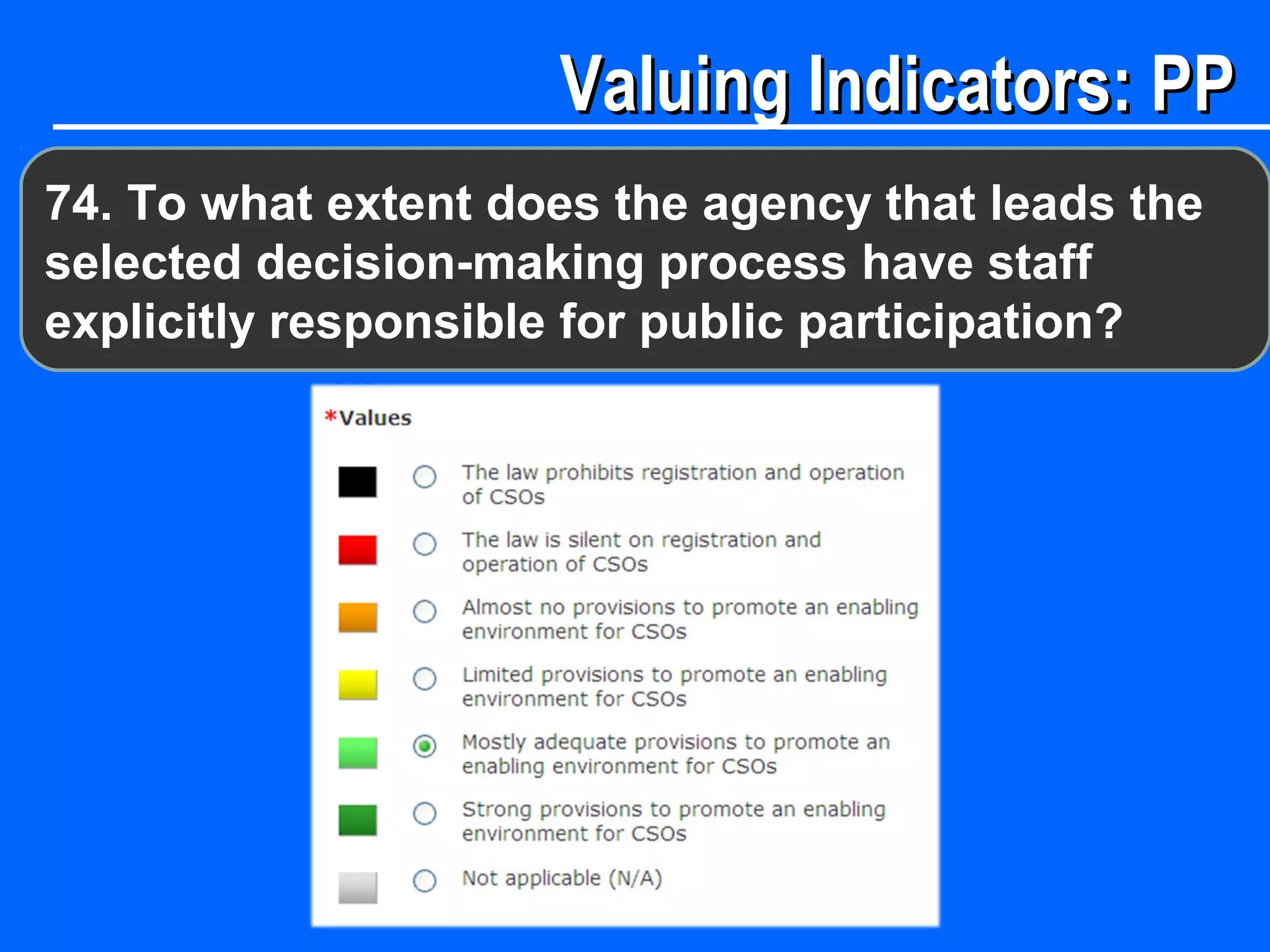 Valuing Indicators: PPValuing Indicators: PP
74. To what extent does the agency that leads the
selected decision-making process have staff
explicitly responsible for public participation?
 