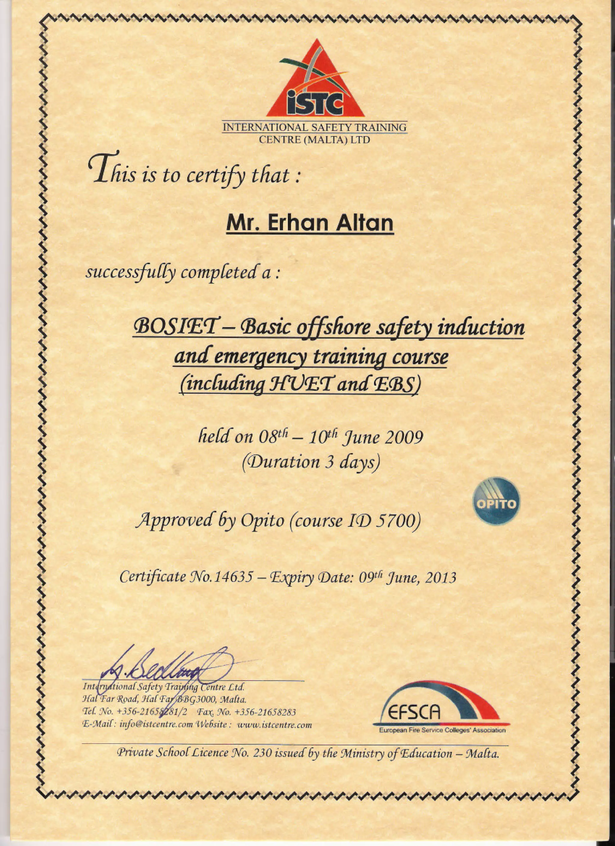 Training certificate bosiet erhan altan PDF