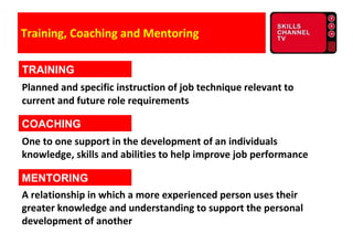 Training, Coaching and Mentoring <ul><li>Planned and specific instruction of job technique relevant to current and future ...