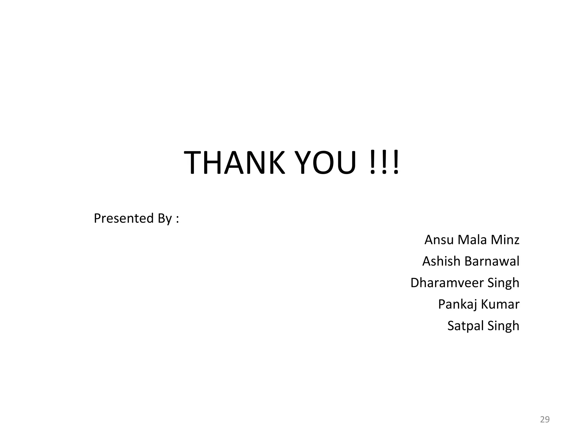 THANK YOU !!! Presented By : Ansu Mala Minz Ashish Barnawal Dharamveer Singh Pankaj Kumar Satpal Singh 
